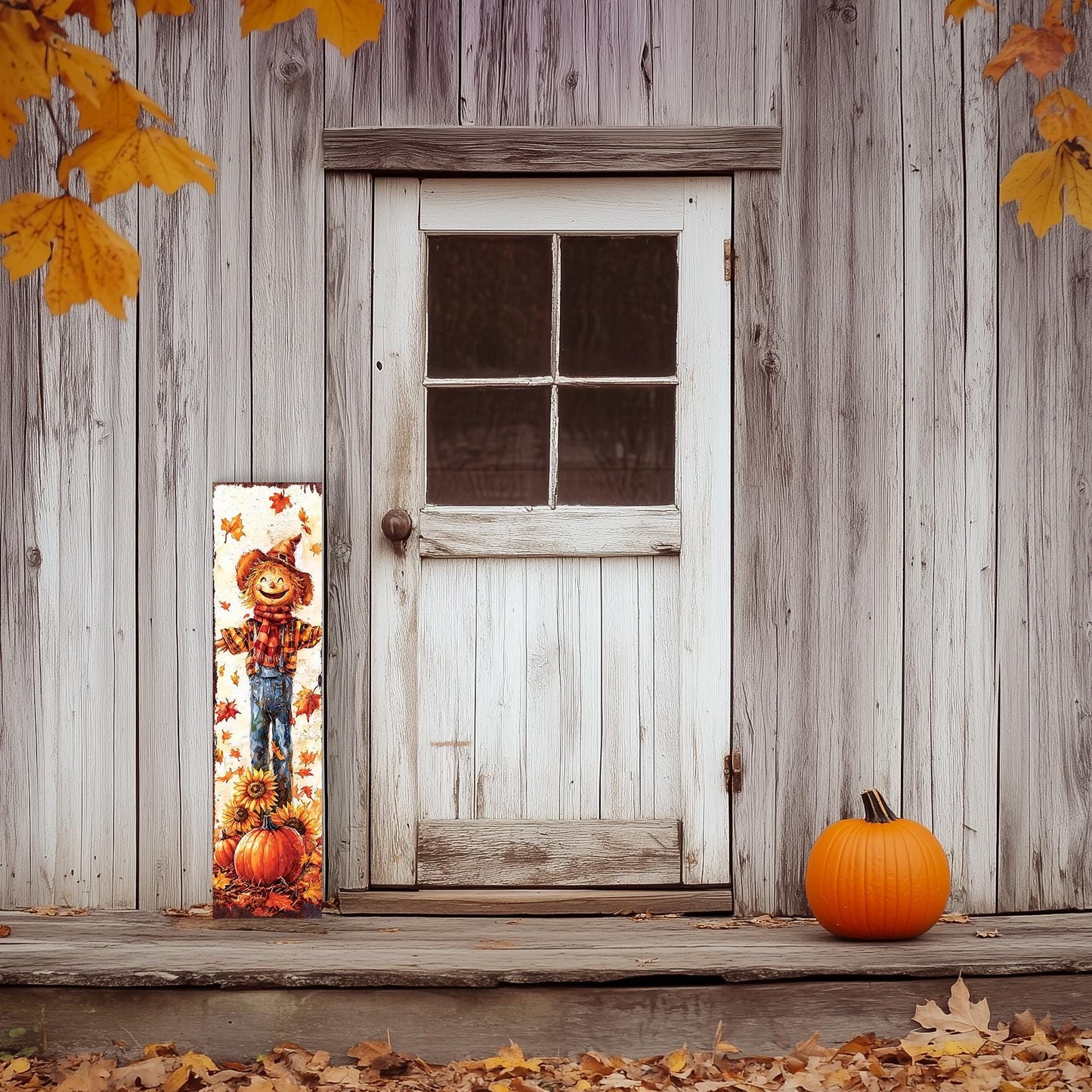 48-inch Fall Scarecrow Porch Sign - Front Porch Fall Plaque with Autumn Decoration | Harvest Decor UV Print | Entryway Fall Decor | 48x12