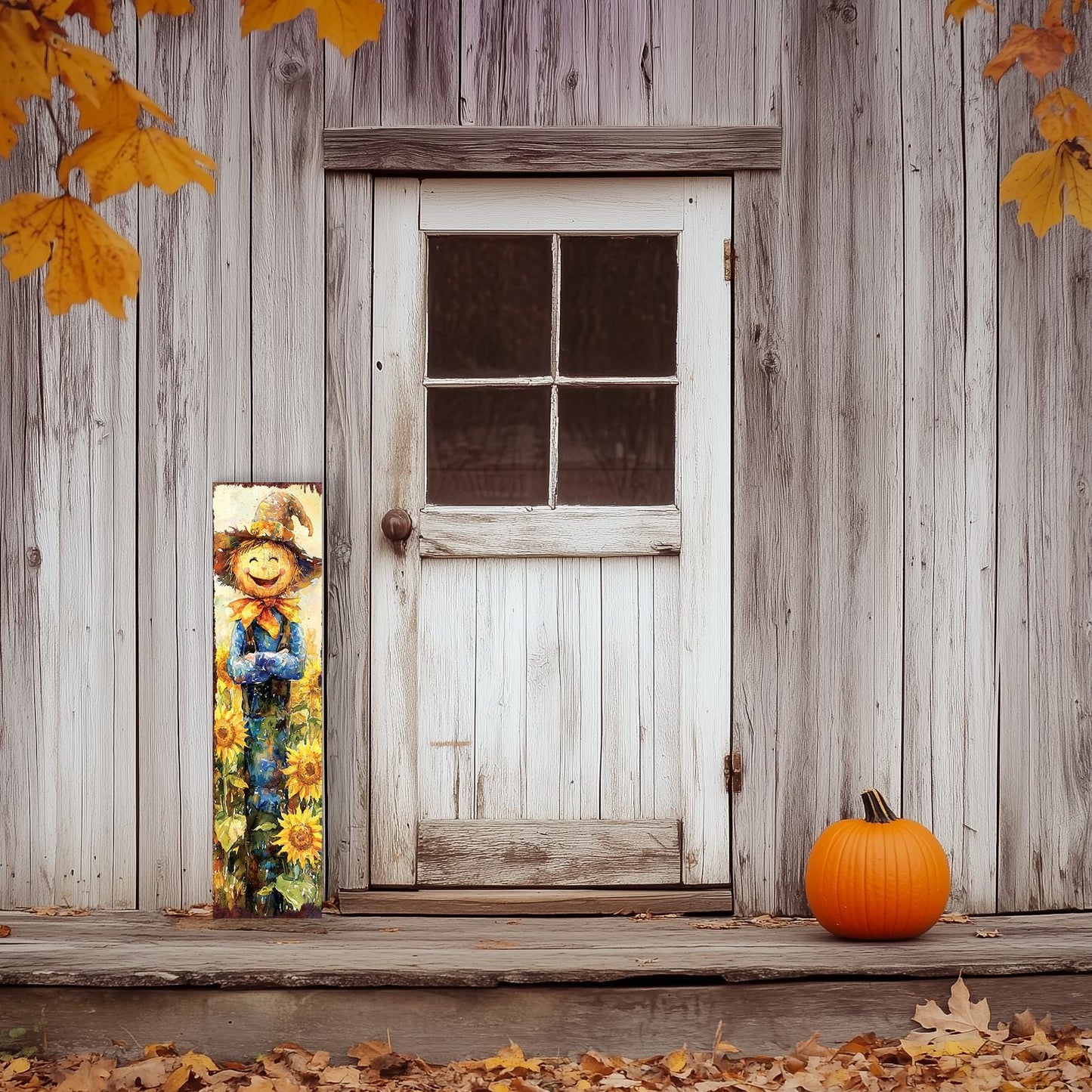 48in Fall Scarecrow Porch Sign - Front Porch Fall Plaque with Autumn Decoration | Harvest Decor UV Print | Entryway Fall Decor | 48x12