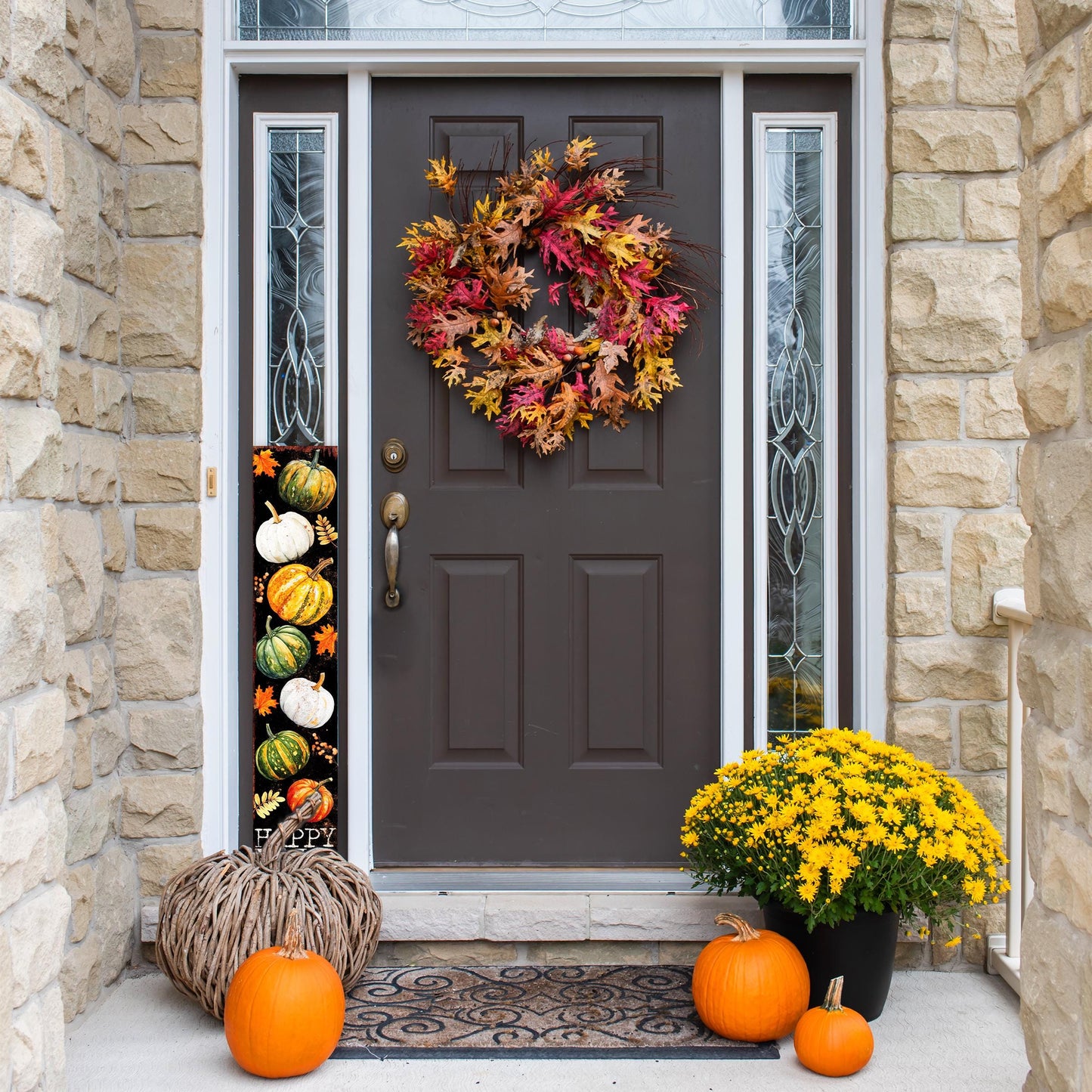 48in Happy Fall Porch Sign with Pumpkins Pattern | Front Porch Fall Plaque | Autumn Decoration | Entryway Harvest Decor | 48x9.25in