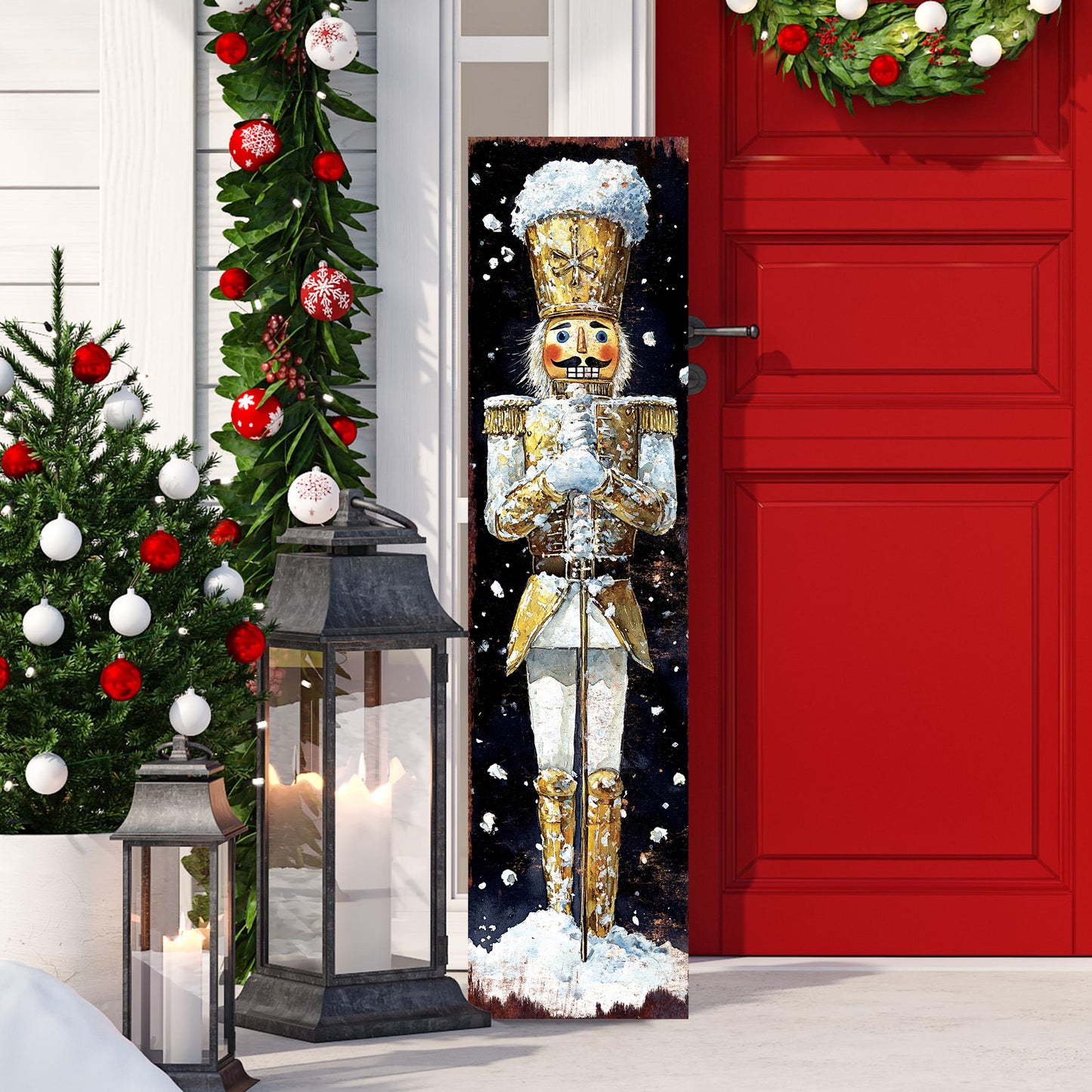 48-inch Christmas Gold Nutcracker Porch Sign - Holiday Front Porch Plaque | Christmas Decoration | Christmas Entryway Decor | 48x12in