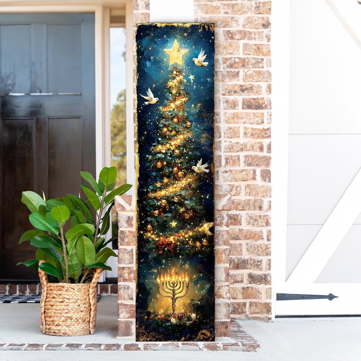 Hanukkah and Christmas Porch Sign | Menorah & Tree Design | Entryway Decor | UV Print | 3 Sizes Available