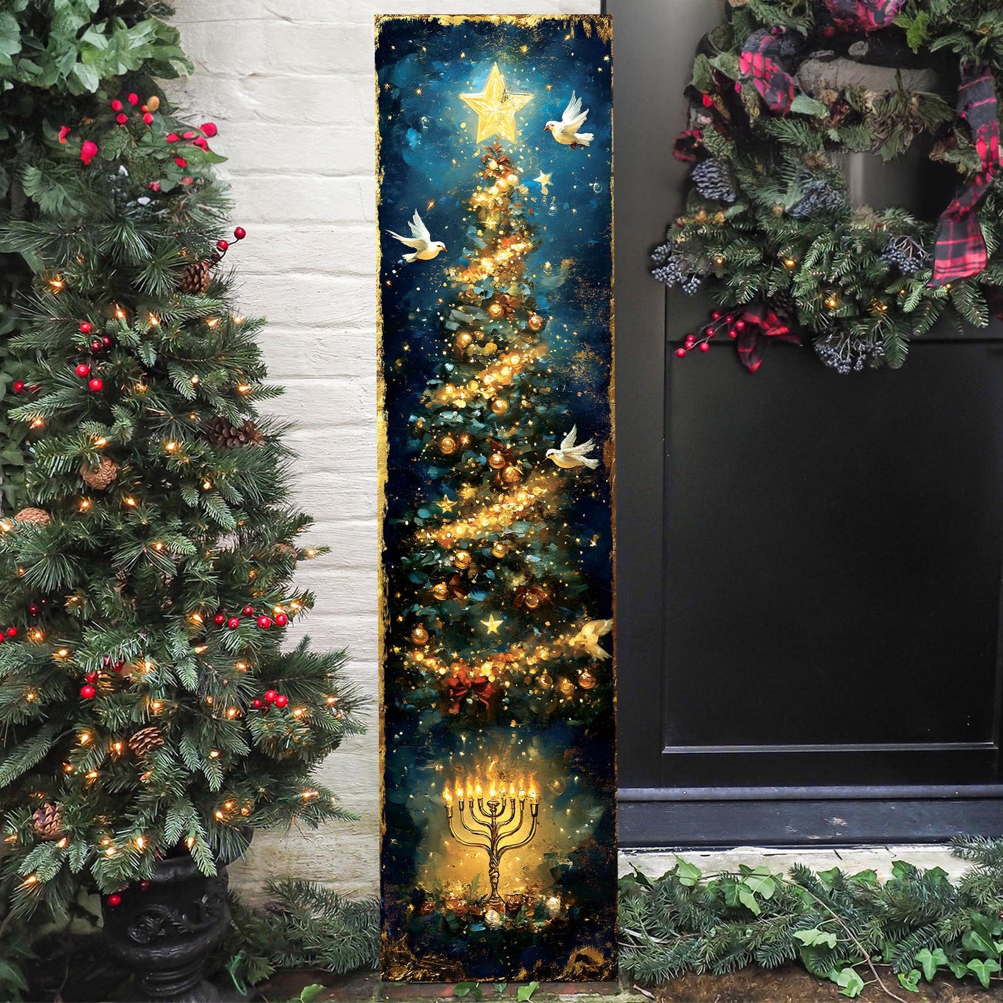 Hanukkah and Christmas Porch Sign | Menorah & Tree Design | Entryway Decor | UV Print | 3 Sizes Available