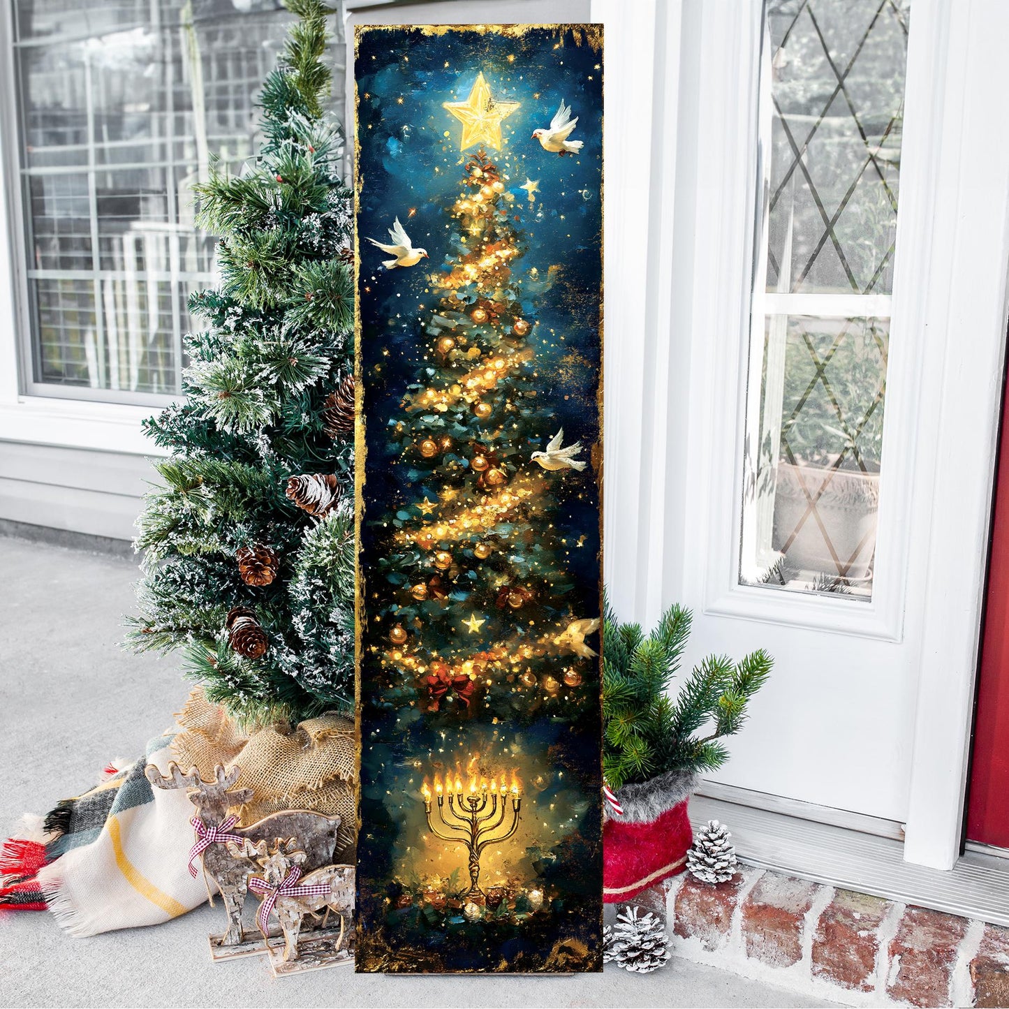 Hanukkah and Christmas Porch Sign | Menorah & Tree Design | Entryway Decor | UV Print | 3 Sizes Available