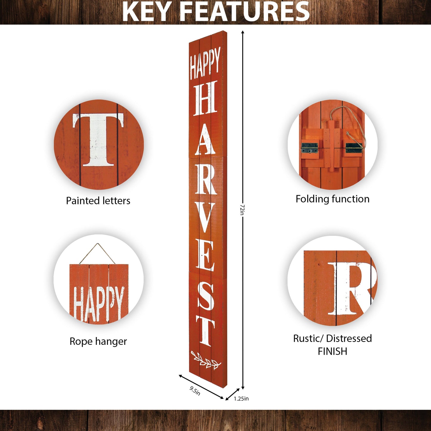 72in Outdoor Happy Harvest Rustic Craft Porch Sign for Front Door, 6ft Vertical Wooden Welcome Sign for Front Porch
