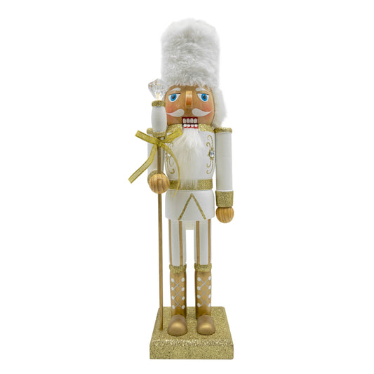 14in White Gold Sequin Soldier Nutcracker | Festive Christmas Decoration | Wooden Holiday Accent | Elegant Nutcracker Figure