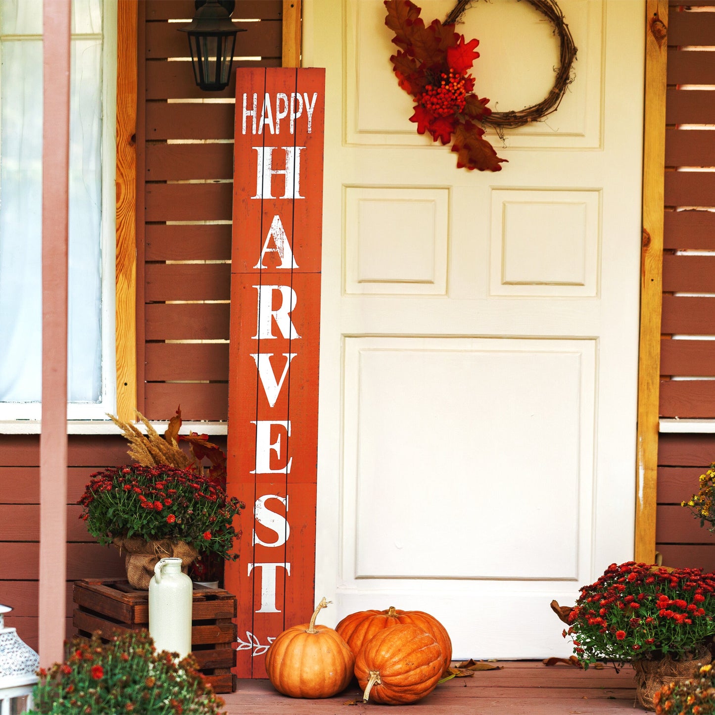 72in Outdoor Happy Harvest Rustic Craft Porch Sign for Front Door, 6ft Vertical Wooden Welcome Sign for Front Porch