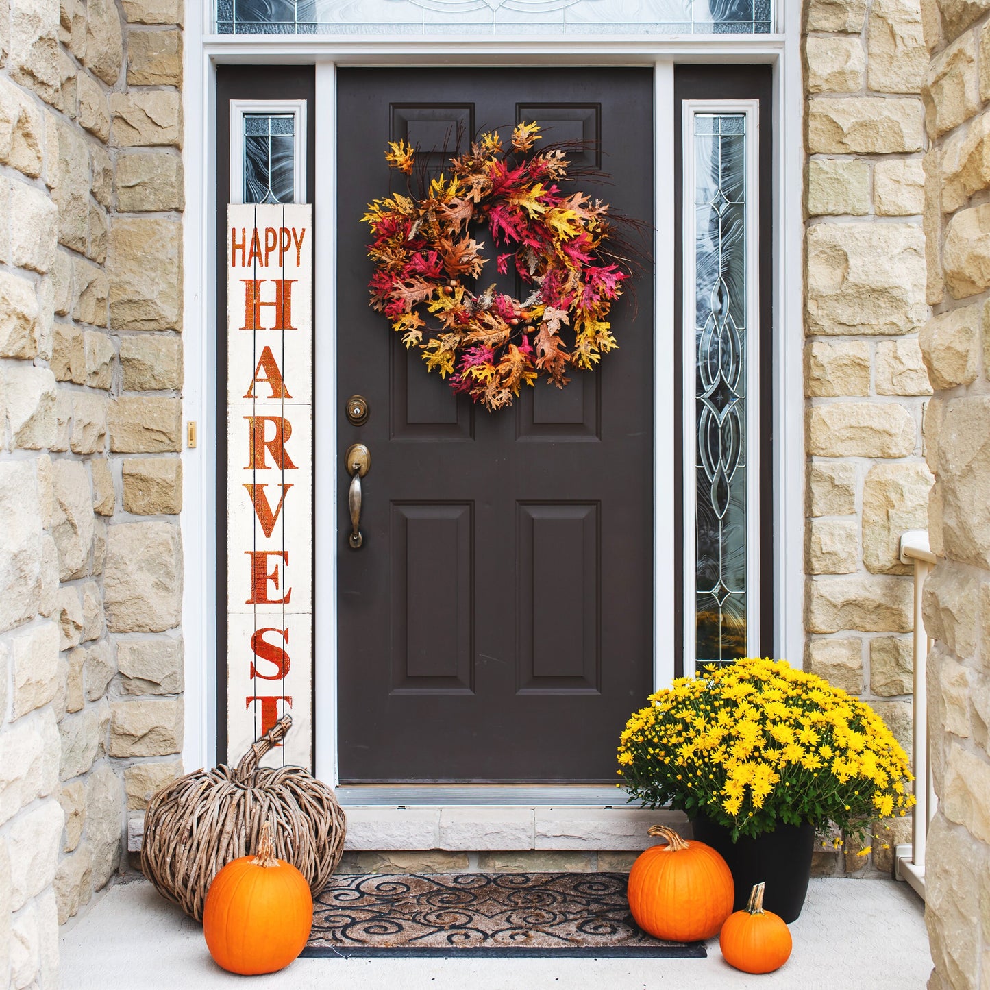 72in Outdoor Happy Harvest Rustic Craft Porch Sign for Front Door, 6ft Vertical Wooden Welcome Sign for Front Porch