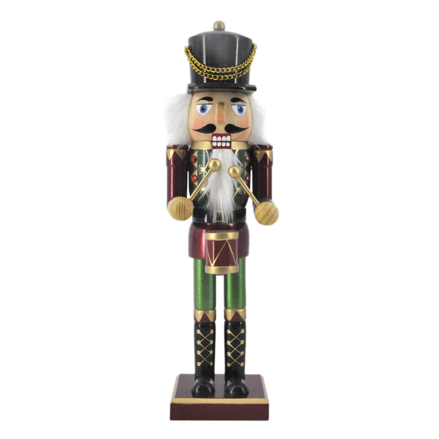 14in Drum Nutcracker Christmas Figurine | Festive Nutcracker Decoration with Elegant Drumstick | Burgundy & Green Nutcracker with Gold Accents | Holiday Decor for Home & Office
