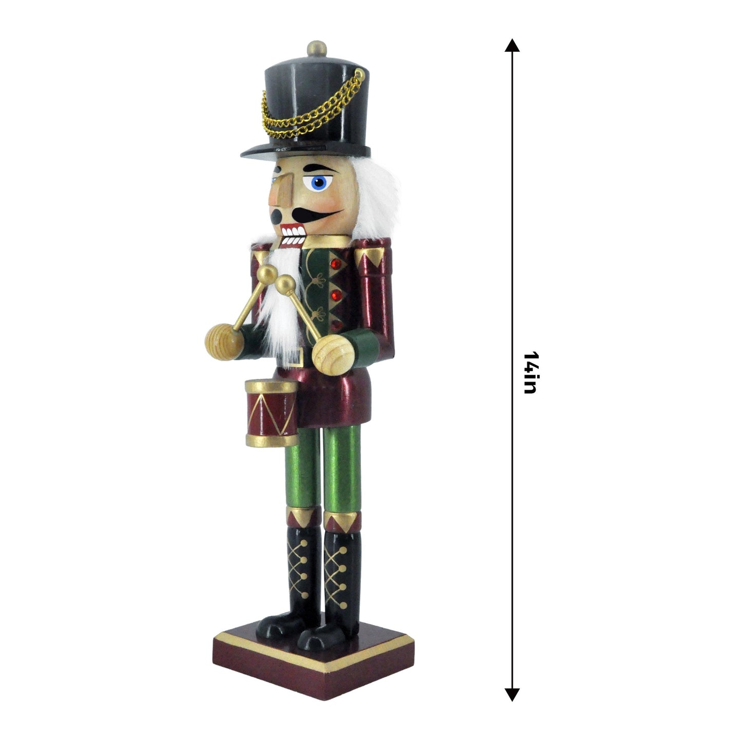 14in Drum Nutcracker Christmas Figurine | Festive Nutcracker Decoration with Elegant Drumstick | Burgundy & Green Nutcracker with Gold Accents | Holiday Decor for Home & Office