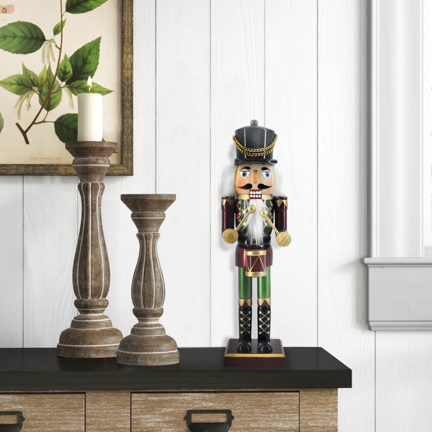 14in Drum Nutcracker Christmas Figurine | Festive Nutcracker Decoration with Elegant Drumstick | Burgundy & Green Nutcracker with Gold Accents | Holiday Decor for Home & Office