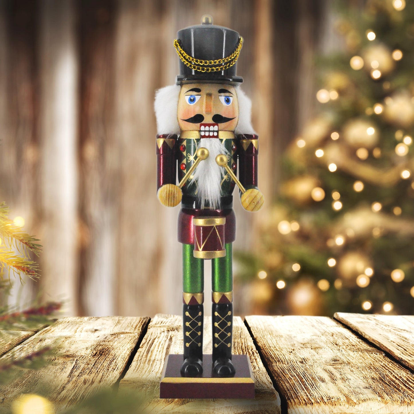 14in Drum Nutcracker Christmas Figurine | Festive Nutcracker Decoration with Elegant Drumstick | Burgundy & Green Nutcracker with Gold Accents | Holiday Decor for Home & Office