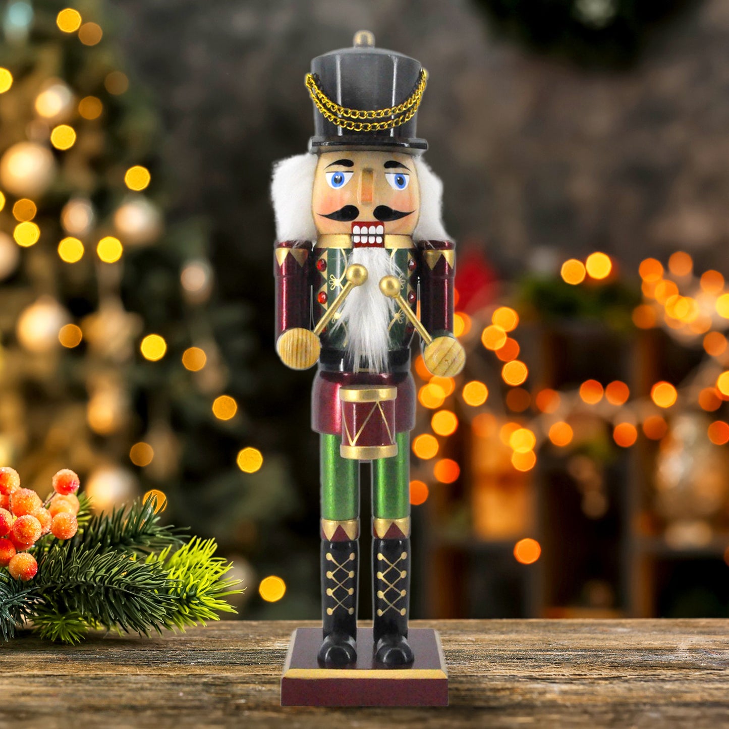 14in Drum Nutcracker Christmas Figurine | Festive Nutcracker Decoration with Elegant Drumstick | Burgundy & Green Nutcracker with Gold Accents | Holiday Decor for Home & Office