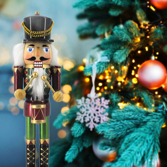 14in Drum Nutcracker Christmas Figurine | Festive Nutcracker Decoration with Elegant Drumstick | Burgundy & Green Nutcracker with Gold Accents | Holiday Decor for Home & Office