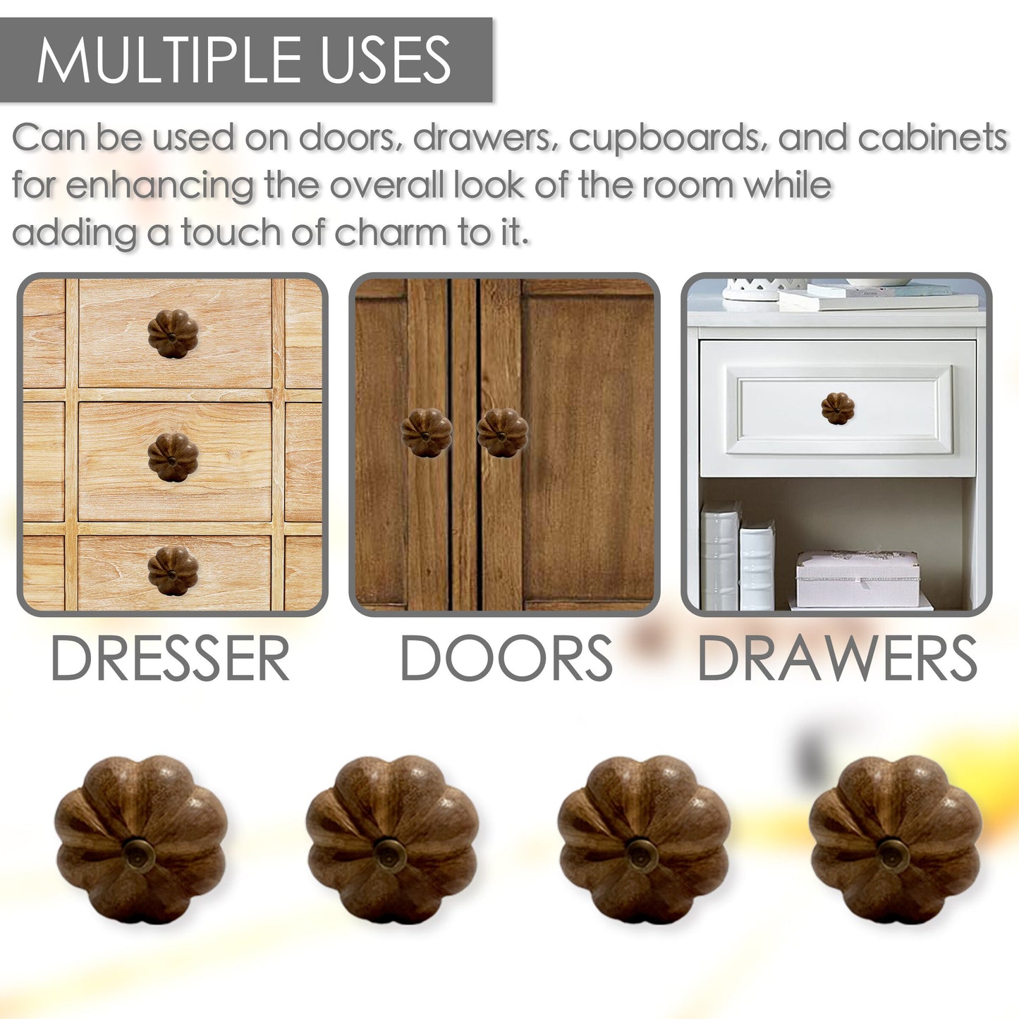 Wood Fluted Ball Cabinet Knobs 6 Pack Knobs for Cabinets and Drawers, Closet Door Knobs, Drawer Pulls and Knobs with Mounting Screws