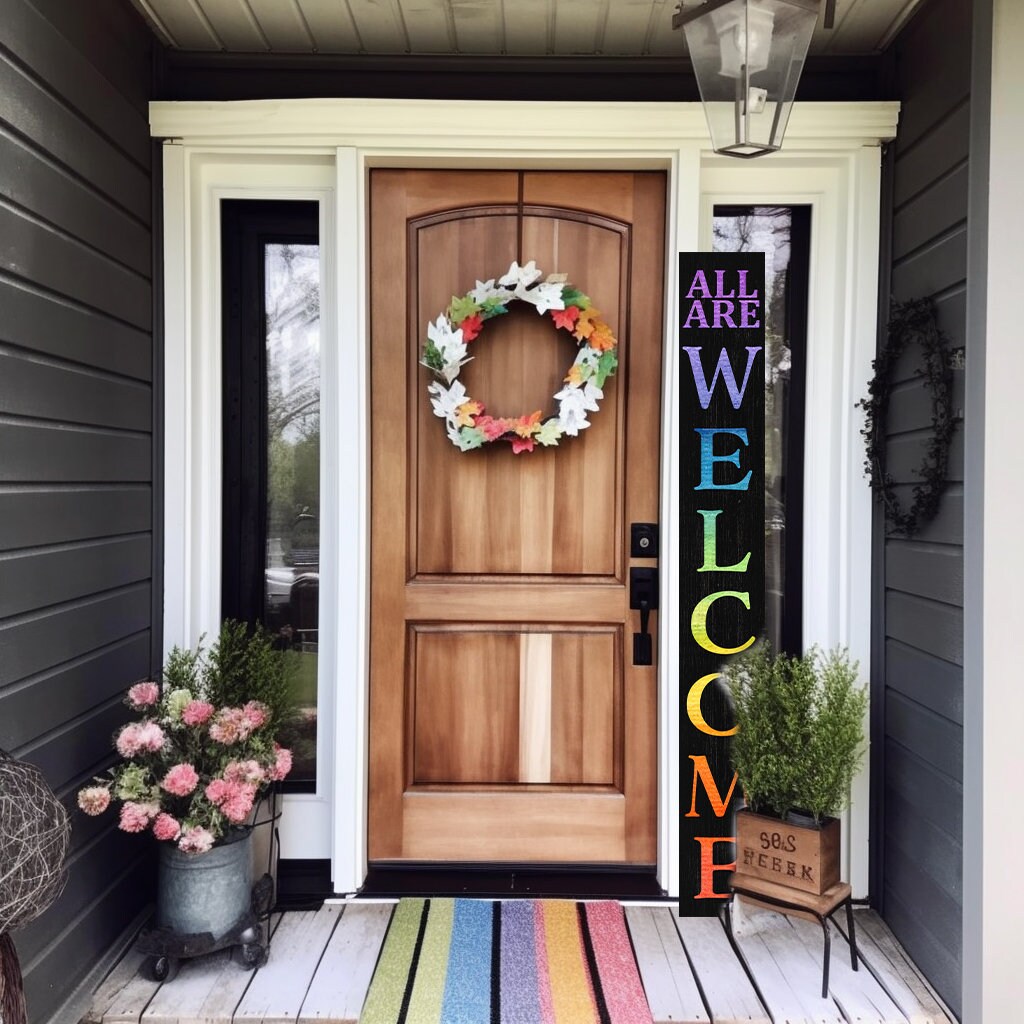 72in Welcome Sign for Front Door | LGBT Pride Porch Decor | Giant Board Decoration | Inclusive Housewarming Gift | Modern Rustic Outdoor Wall Art