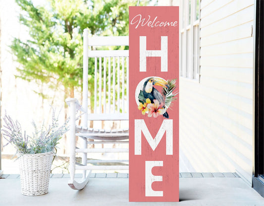 36in Welcome Home Porch Sign with Ramphastidae Pattern - Front Door Tropical Wooden Wall Decor, Outdoor Summer Jungle Vibes Display