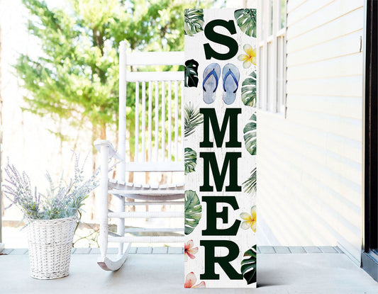 36in Tropical Summer Porch Sign with Palm Leaf & Slippers Pattern for Front Door, Wooden 36-inch Beach-Themed Entryway Decor