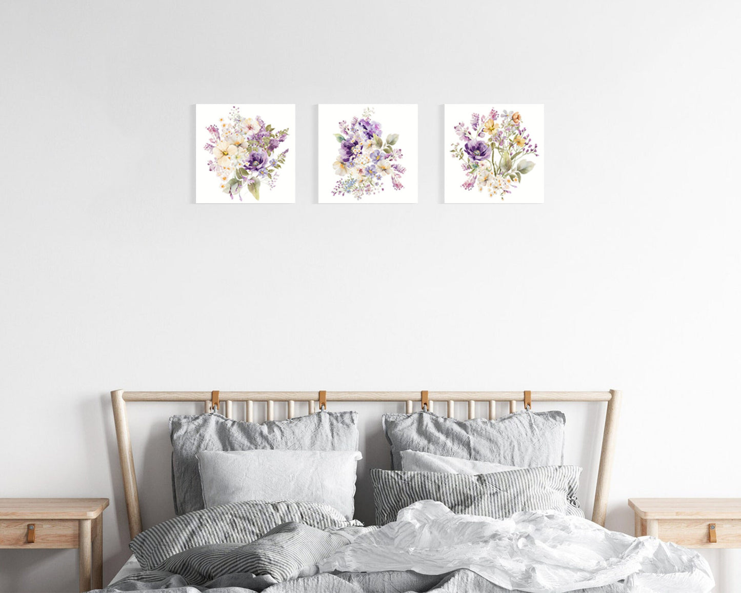 12in Spring Floral Paint Set of 3 - Watercolor Spring Flowers, Purple Watercolor Flowers Paint Wall Art