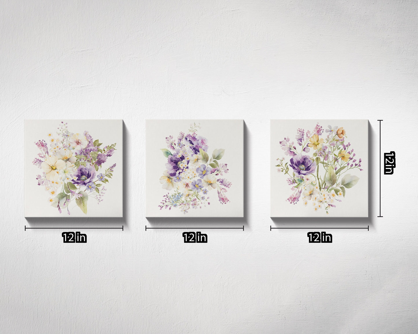 12in Spring Floral Paint Set of 3 - Watercolor Spring Flowers, Purple Watercolor Flowers Paint Wall Art