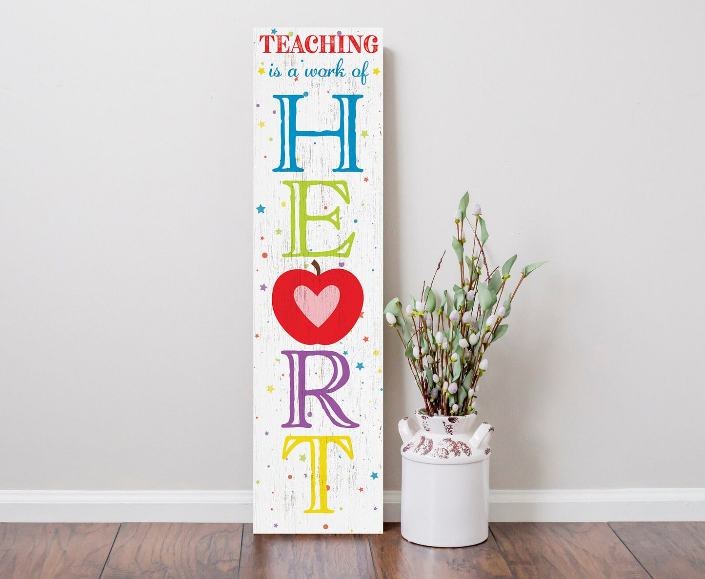 Teaching is a Work of Heart Porch Sign - 36" x 9.25" Apple Pattern Wooden Front Door Wall Decor - Handcrafted Home Decoration for Teachers