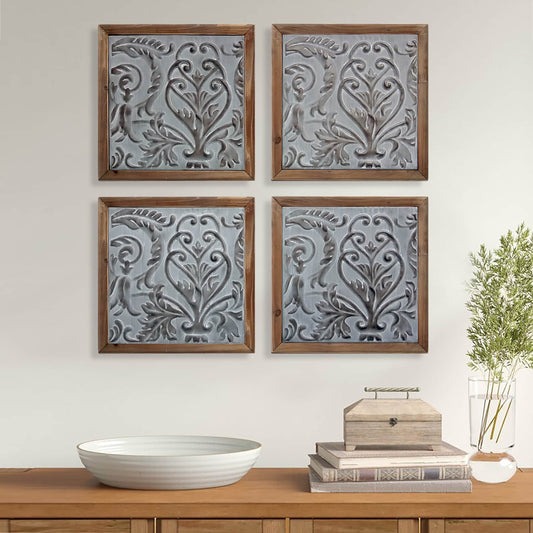 Elegant Framed Wood Plaques Set of 4 | Pressed Tin Wall Art in Warm Brown Tone | Home & Office Decor