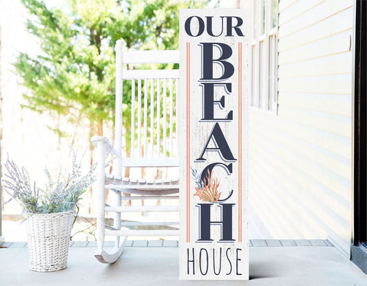 36in Our Beach House Welcome Porch Sign for Front Door, Coastal-Themed Summer Wall Decor, Nautical-Inspired Home Accent, Outdoor Seaside Display