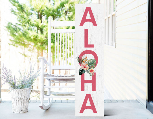 36in Aloha Porch Sign with Tropical Floral Pattern for Front Door - Summer Welcome Sign, Charming Front Porch Decor, Home Decor Wood Sign