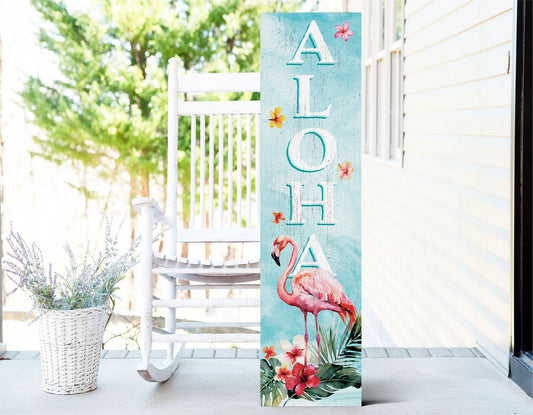 36in Aloha Welcome Porch Sign with Flamingo Pattern for Front Door, Tropical Summer Wall Decor, Outdoor Summer Beach Vibes Display