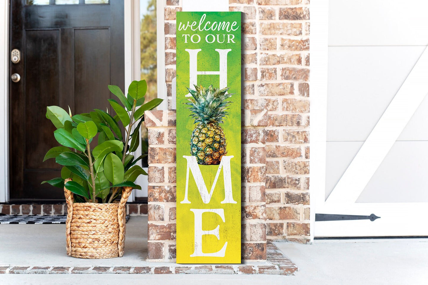 36in Pineapple Welcome to Our Home Wooden Summer Porch Sign, Tropical Front Door Wall Decor, Rustic Farmhouse Outdoor Entryway Display