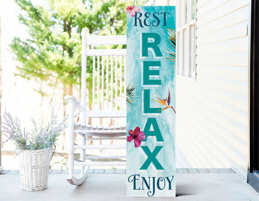 36in Wooden "Rest, Relax, Enjoy" Summer Welcome Porch Sign for Front Door, Rustic Home Decor, Outdoor Wall Art, Beach House Patio Display