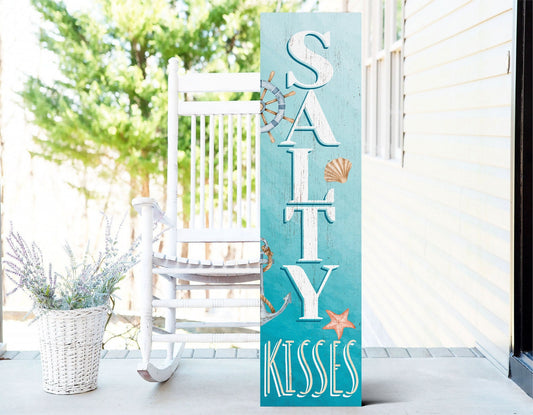 36in Salty Kisses Porch Sign for Front Door - Tropical Wooden Wall Decor, Outdoor Summer Beach Inspired Display