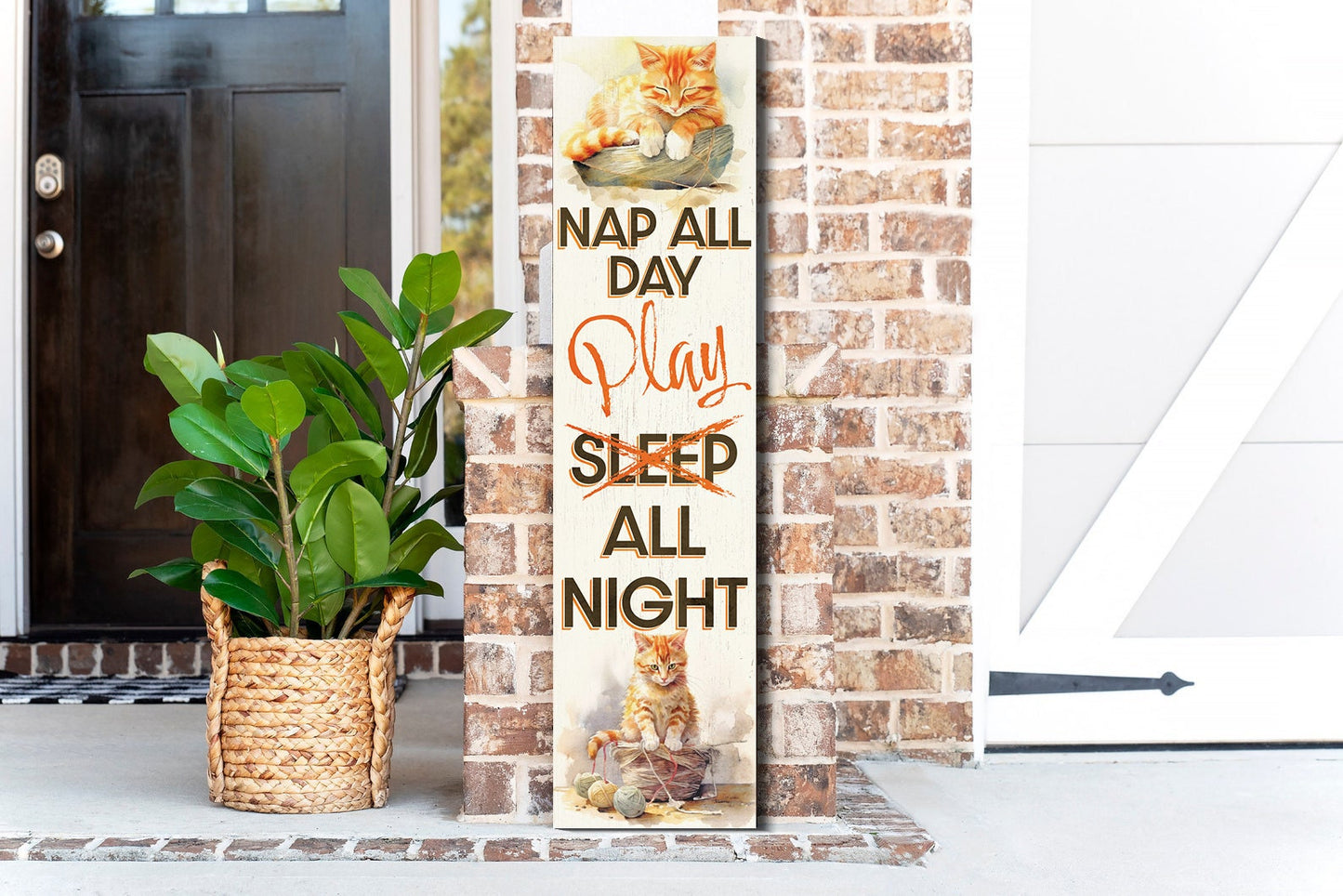 36In Wooden "Nap All Day Play All Night" Wall Sign For Front Door And Outdoor Display With Cat Watercolor Pattern Fun Door Sign