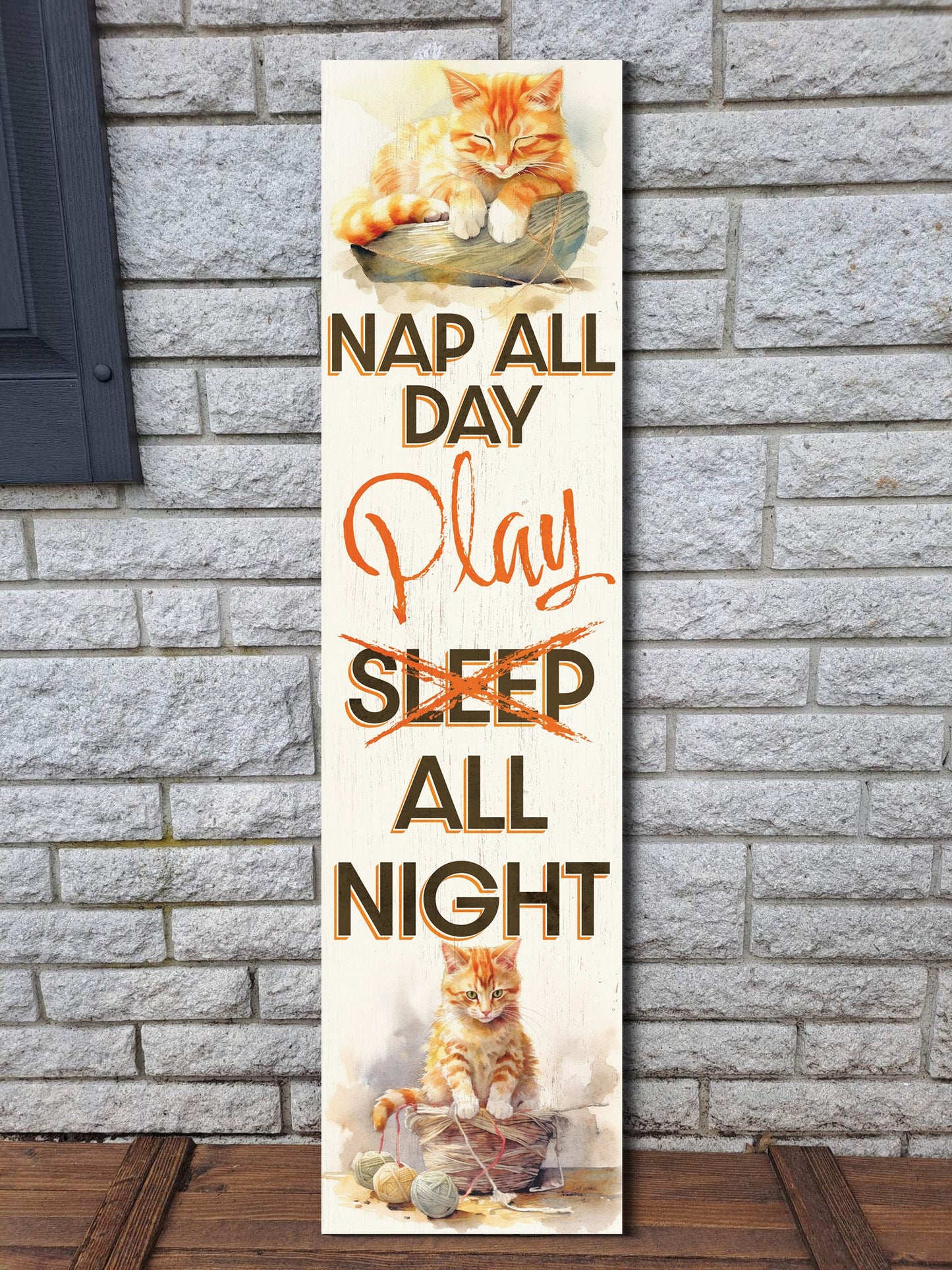 36In Wooden "Nap All Day Play All Night" Wall Sign For Front Door And Outdoor Display With Cat Watercolor Pattern Fun Door Sign