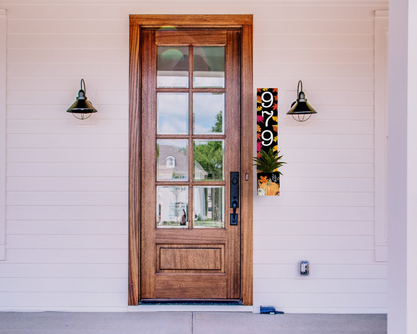 Fall Style Wooden Address Number Planter Sign with Pumpkin & Leaf Pattern - 36"x4.375"x7" - Charming Front Door Decor