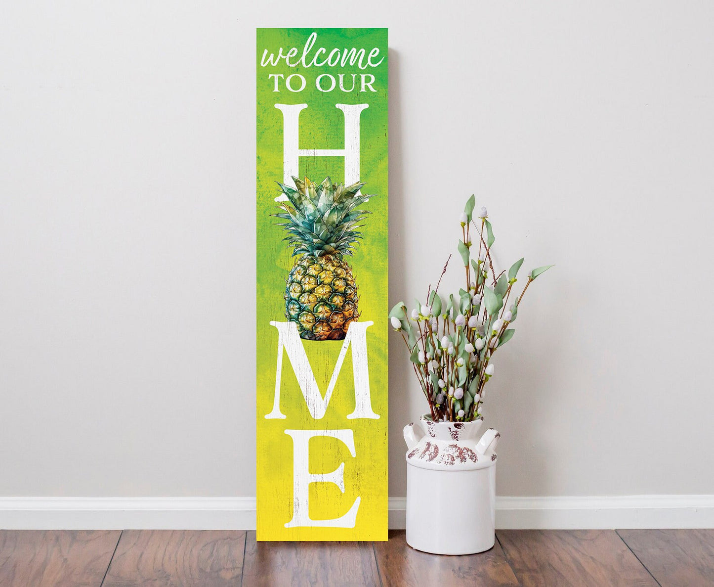 36in Pineapple Welcome to Our Home Wooden Summer Porch Sign, Tropical Front Door Wall Decor, Rustic Farmhouse Outdoor Entryway Display