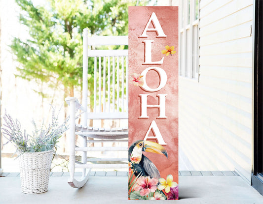 36in Aloha Porch Sign with Ramphastidae Pattern for Front Door, Tropical Summer Wall Decor, Outdoor Summer Jungle Vibes Display