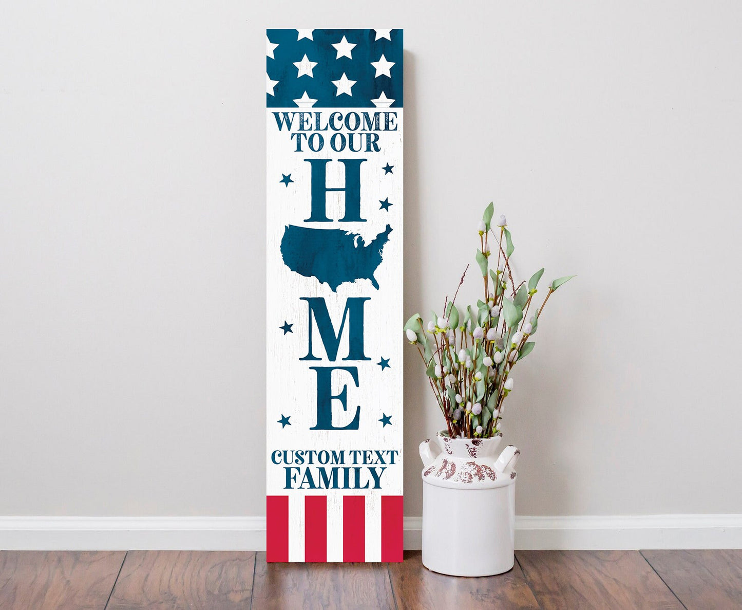 36in Wooden 4th of July "Welcome to Our Home" Personalized Text Porch Sign - Personalized Patriotic Front Door Decor for Independence Day