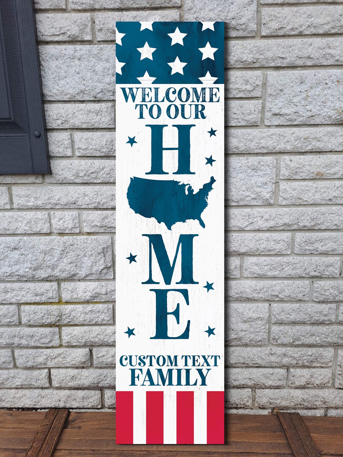 36in Wooden 4th of July "Welcome to Our Home" Personalized Text Porch Sign - Personalized Patriotic Front Door Decor for Independence Day