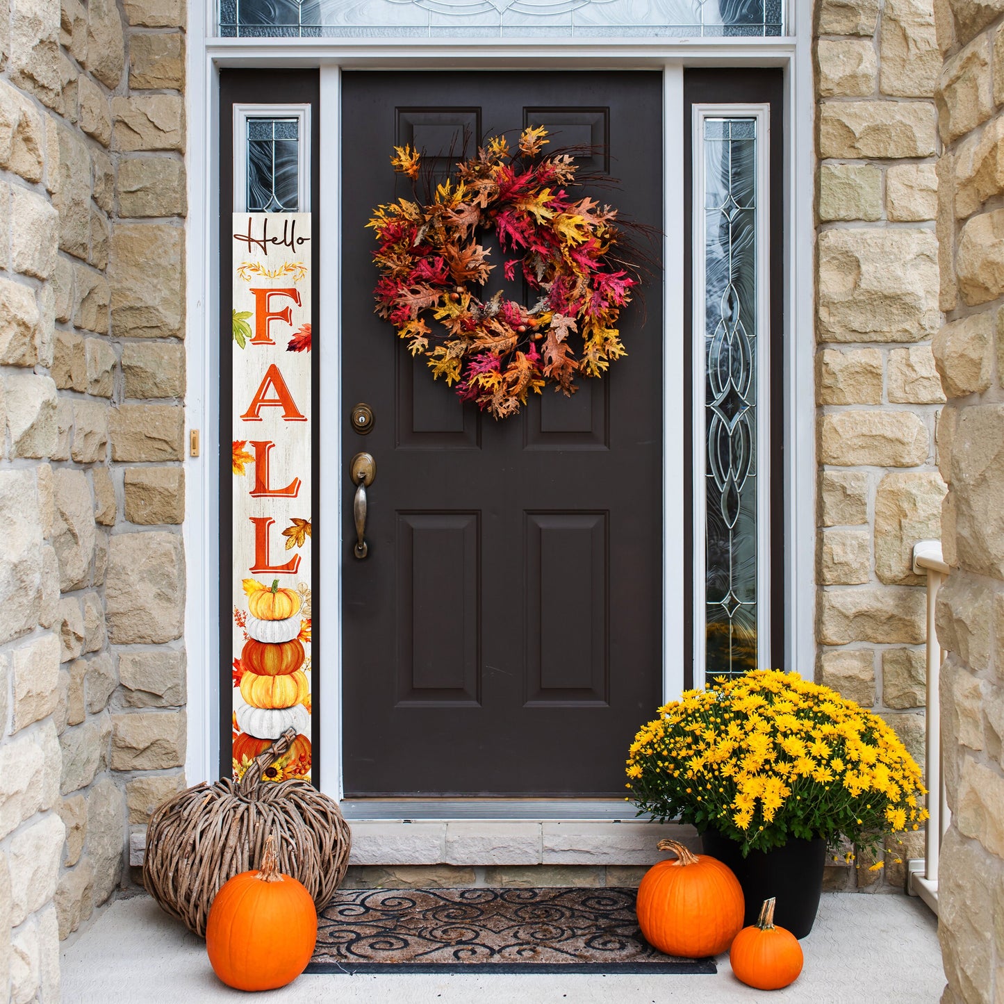 72-Inch Wooden "Hello Fall" Porch Sign - Seasonal Front Door Decor for Autumn Celebrations