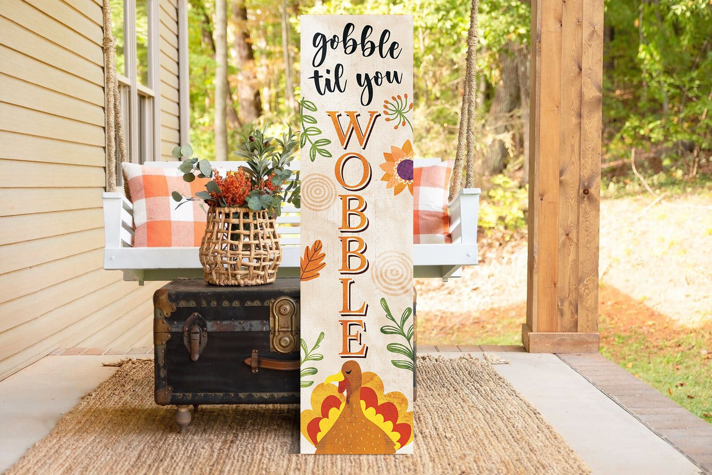 36in "Gobble Til You Wobble" Fall Porch Sign - Rustic Harvest Decor for Front Door Display during Thanksgiving Celebrations