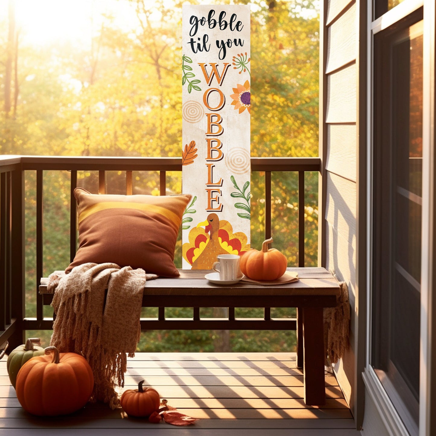 36in "Gobble Til You Wobble" Fall Porch Sign - Rustic Harvest Decor for Front Door Display during Thanksgiving Celebrations