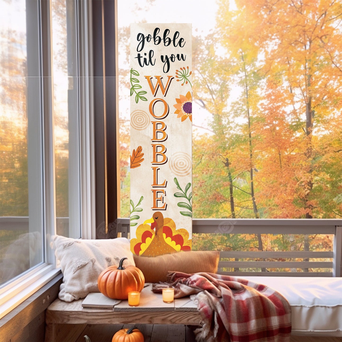 36in "Gobble Til You Wobble" Fall Porch Sign - Rustic Harvest Decor for Front Door Display during Thanksgiving Celebrations