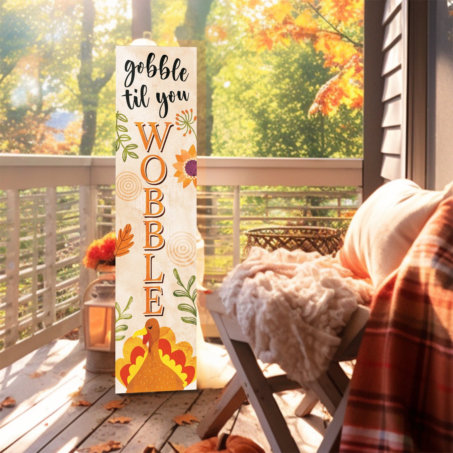 36in "Gobble Til You Wobble" Fall Porch Sign - Rustic Harvest Decor for Front Door Display during Thanksgiving Celebrations