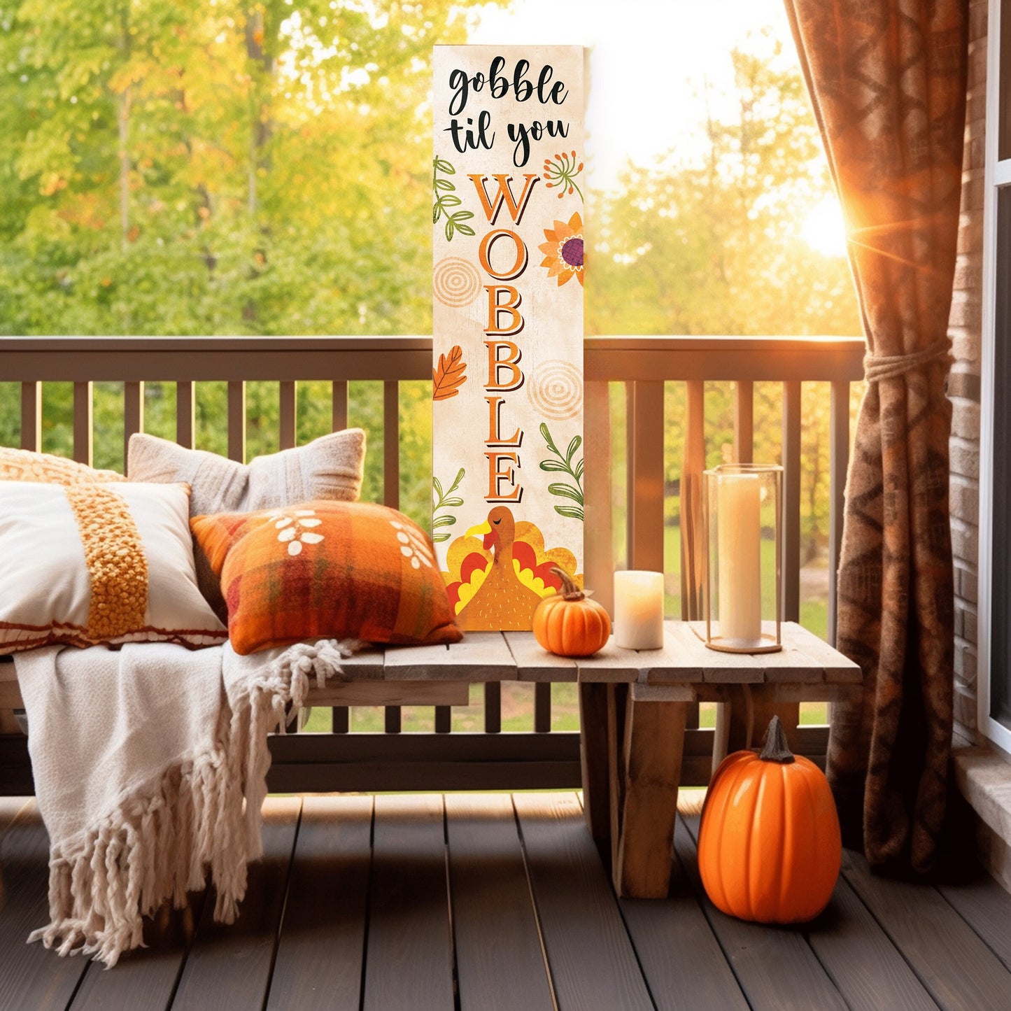 36in "Gobble Til You Wobble" Fall Porch Sign - Rustic Harvest Decor for Front Door Display during Thanksgiving Celebrations