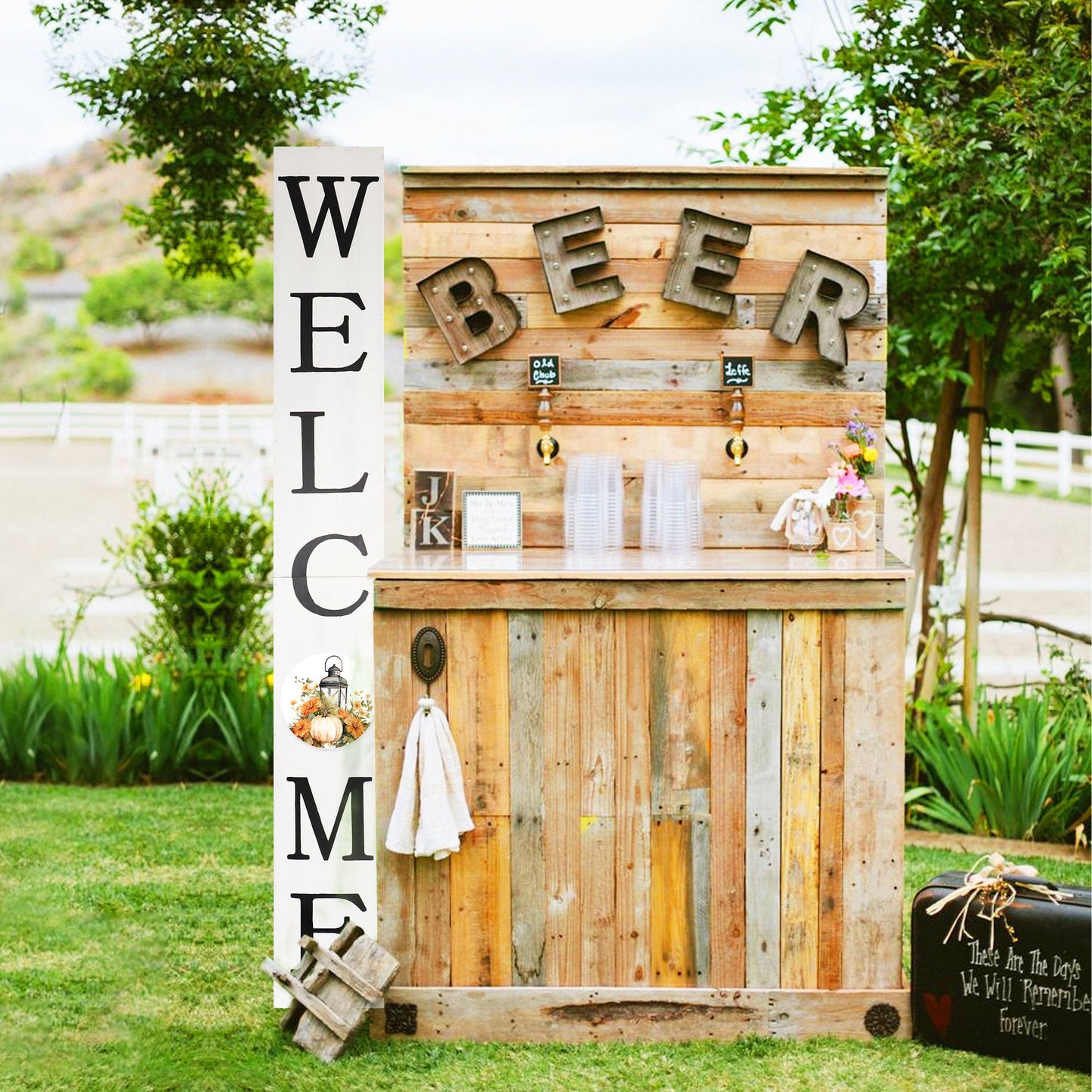 72in "Welcome" Fall Porch Sign with Lantern Design - White Porch Board Decor for Front Door during Autumn and Thanksgiving Celebrations