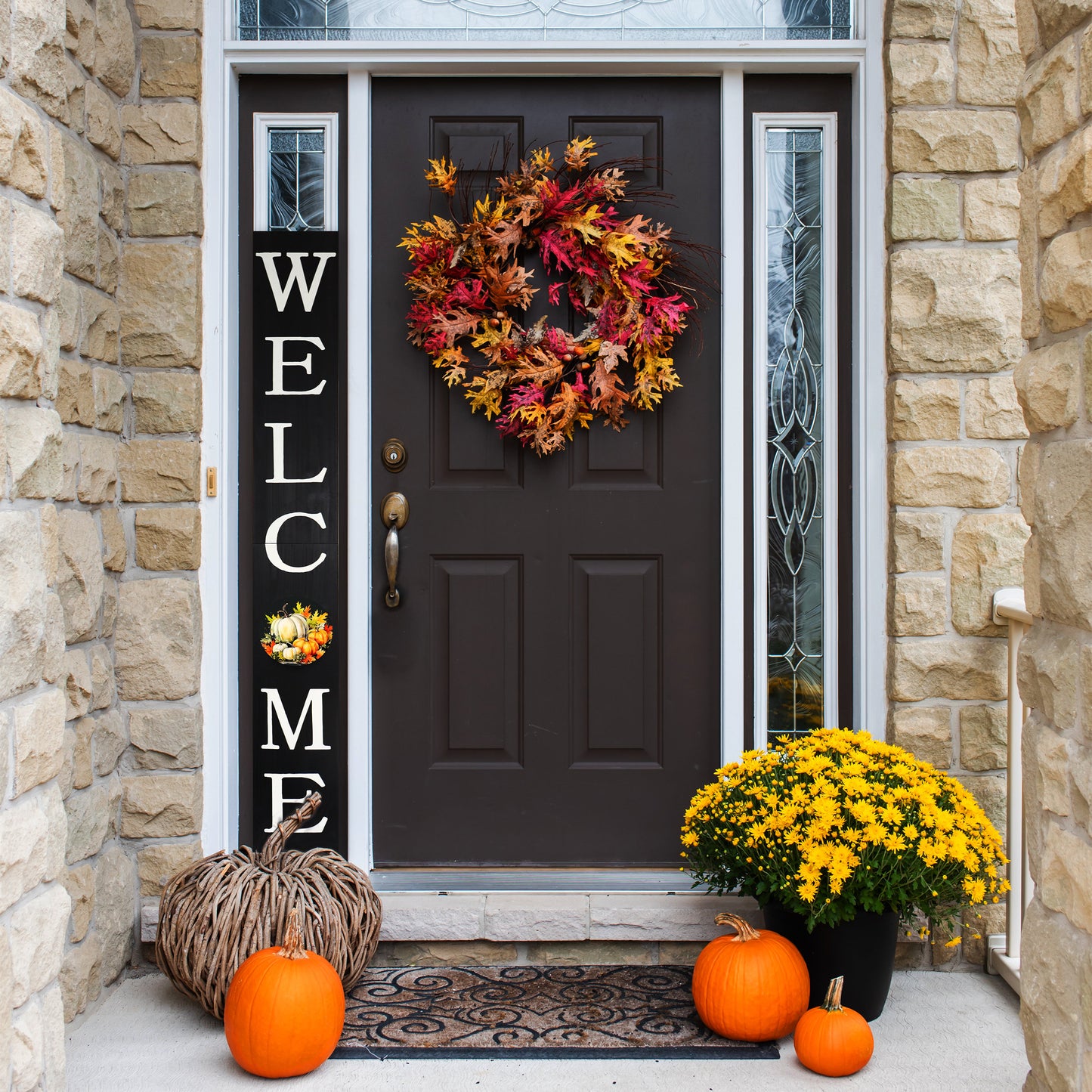 72in "Welcome" Fall Porch Sign with Pumpkins Design - Black Porch Board Decor for Front Door during Autumn and Thanksgiving Celebrations