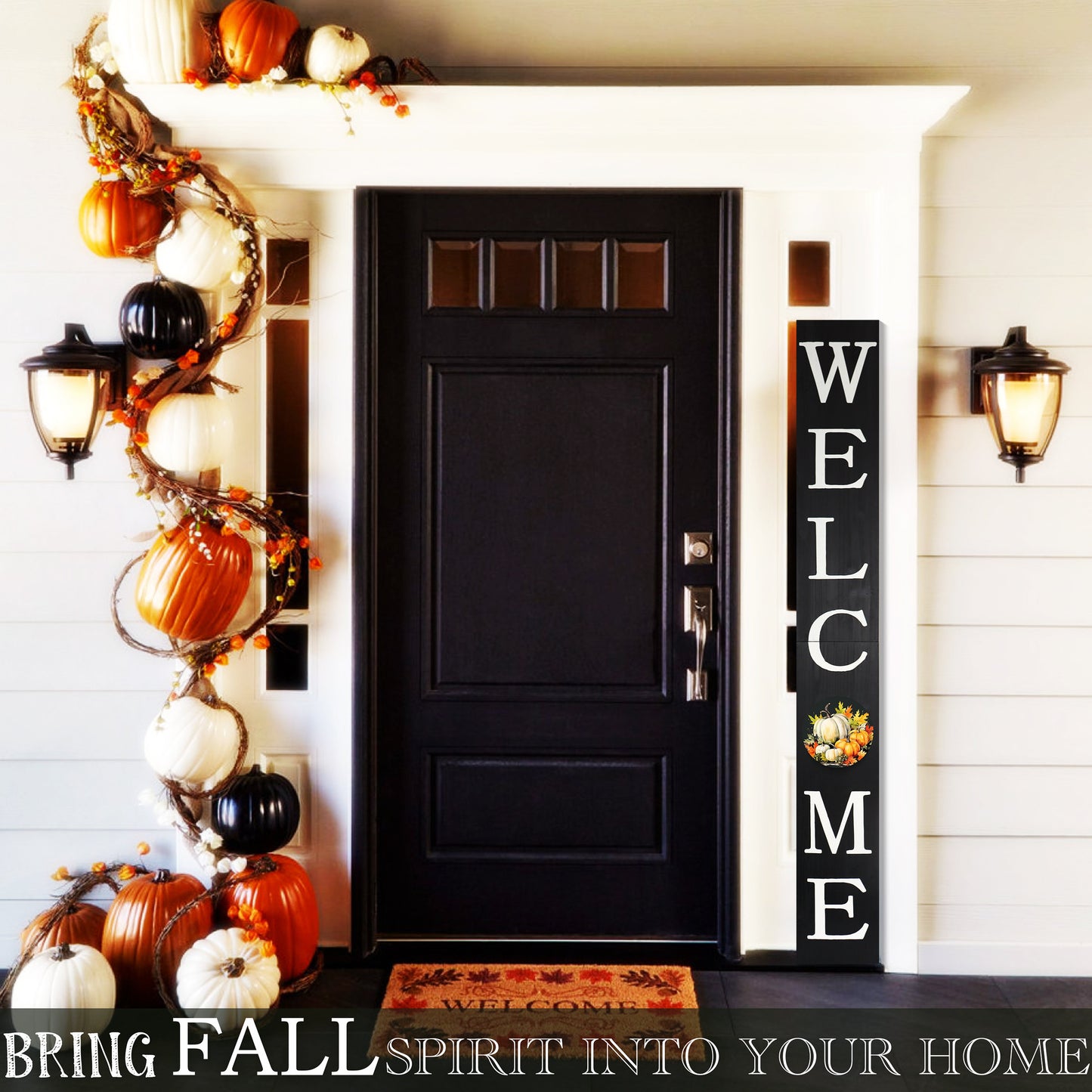 72in "Welcome" Fall Porch Sign with Pumpkins Design - Black Porch Board Decor for Front Door during Autumn and Thanksgiving Celebrations