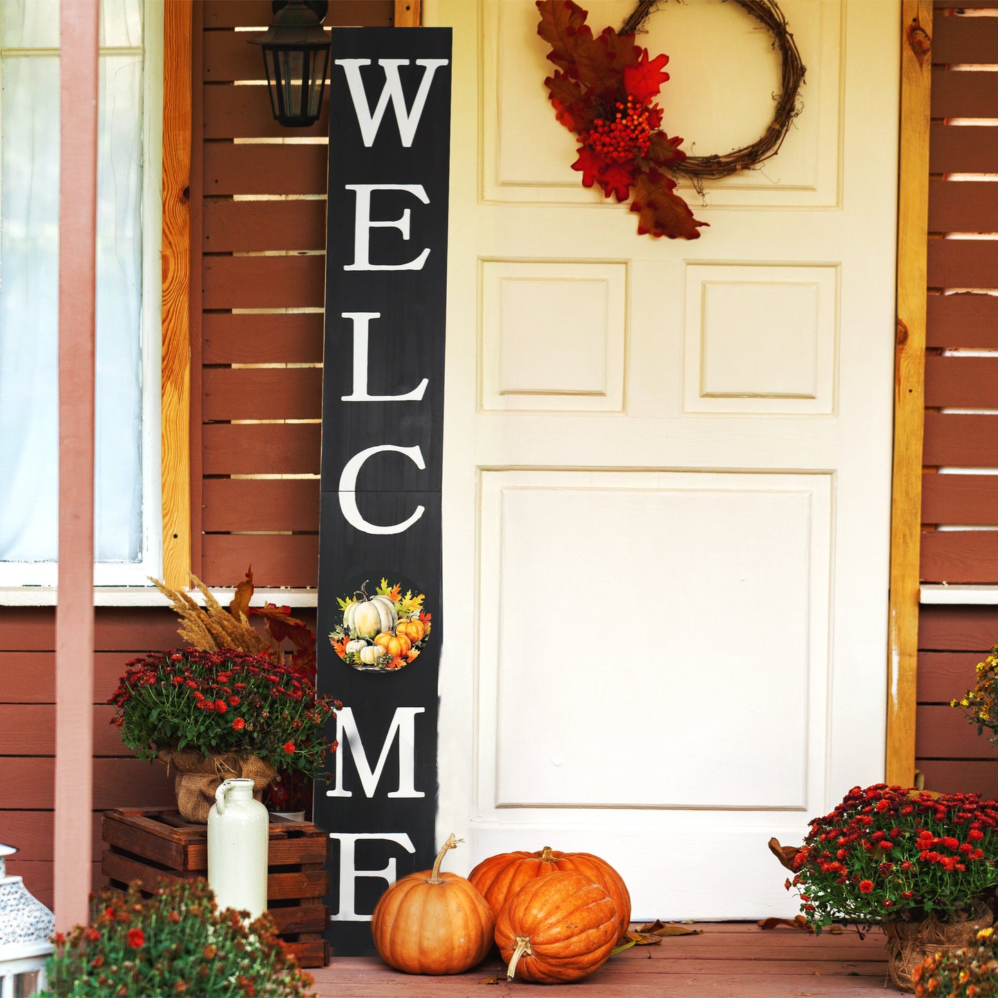 72in "Welcome" Fall Porch Sign with Pumpkins Design - Black Porch Board Decor for Front Door during Autumn and Thanksgiving Celebrations