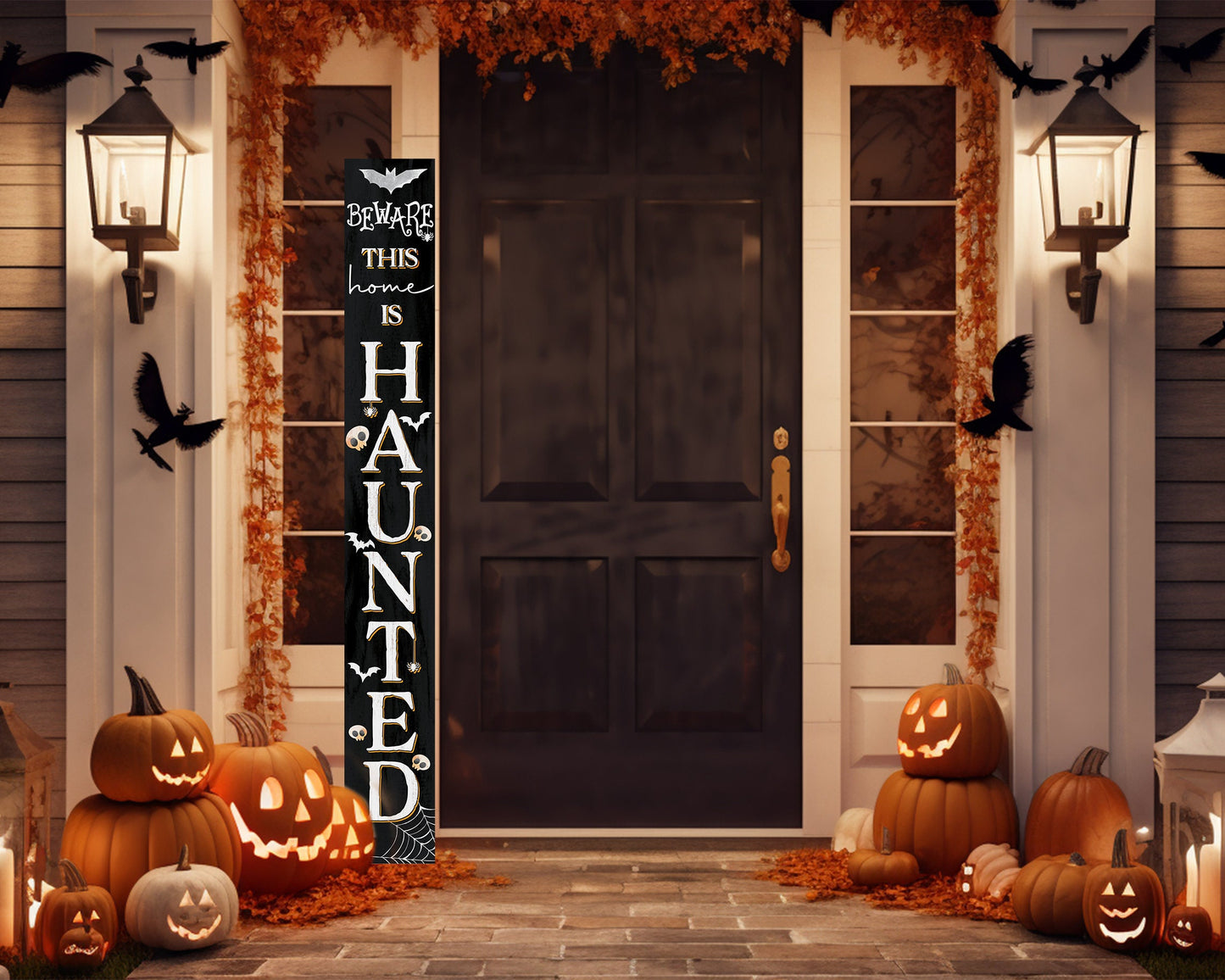 72in Wooden "Beware This Home is Haunted" Halloween Porch Sign - Spooky Front Door Decor for Captivating Halloween Celebrations