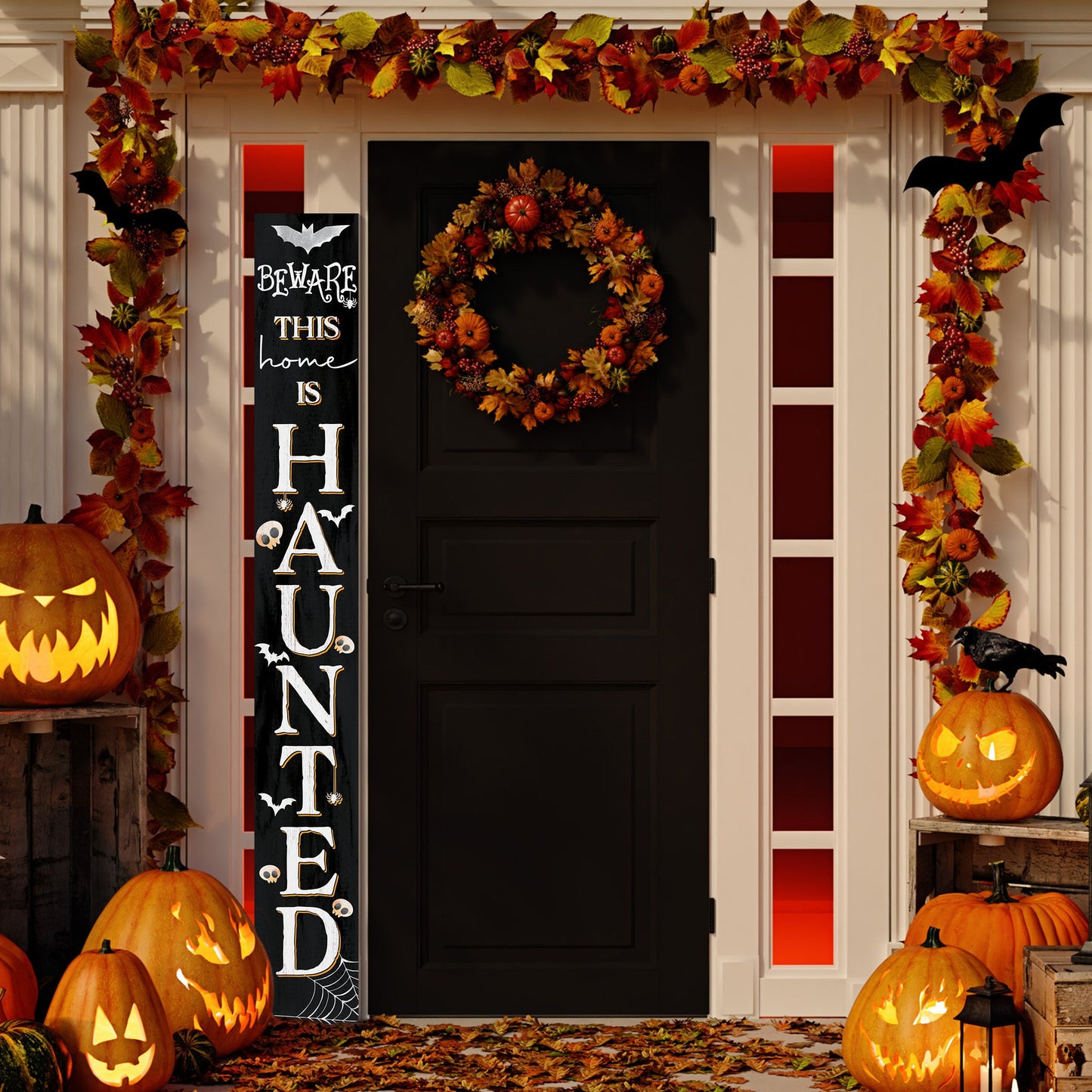 72in Wooden "Beware This Home is Haunted" Halloween Porch Sign - Spooky Front Door Decor for Captivating Halloween Celebrations